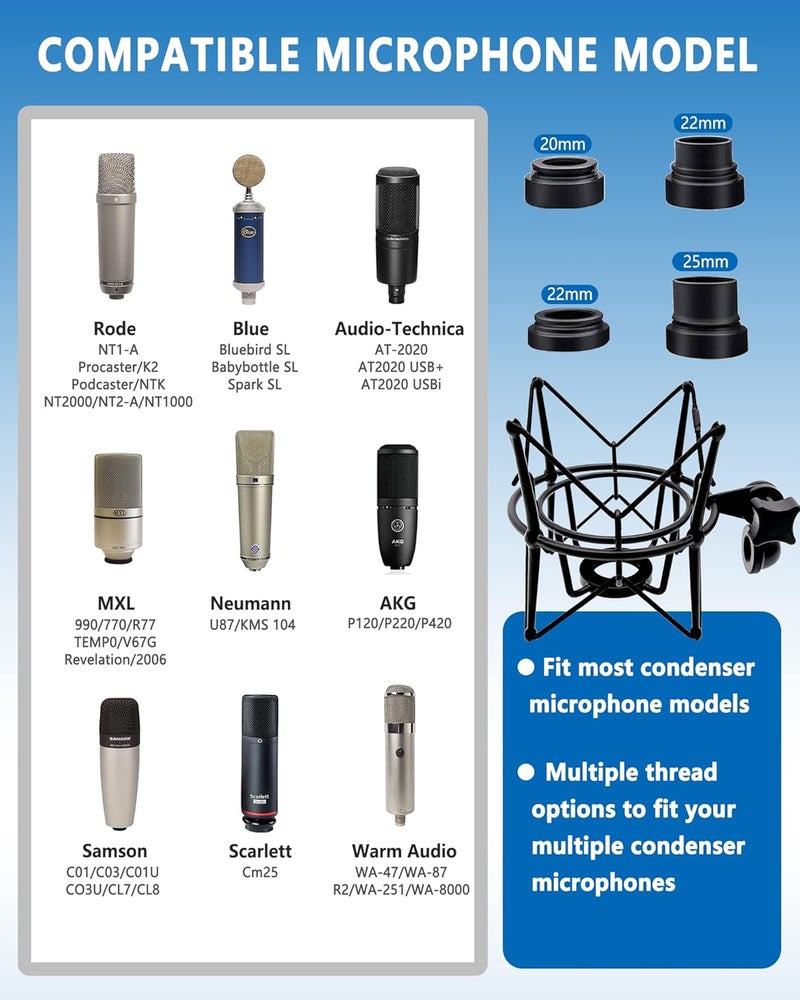 FUNTOK Microphone Shock Mount Universal Mic Holder Spider Recording Mic Shockmount Stand Compatible with Many Condenser Mics Like Rode NT1-A NT2-A Procaster AT2020 MXL 990 770 U87 (Black) - Image 2